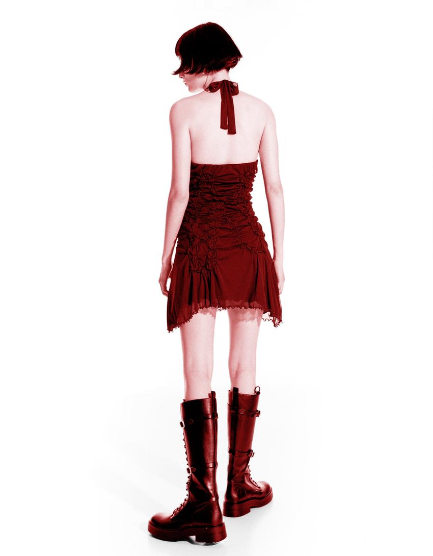 Gathered lace mini dress-Maroon