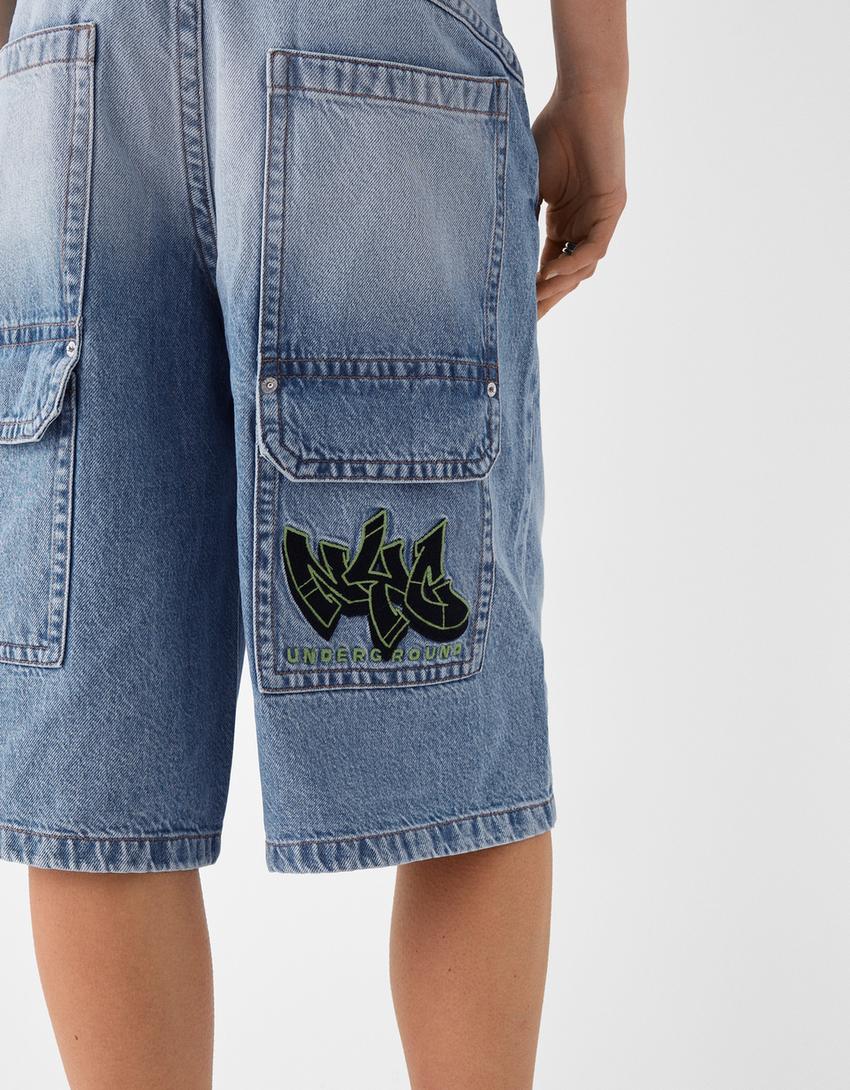 Bermuda denim super baggy broderie-Bleu lavé-6