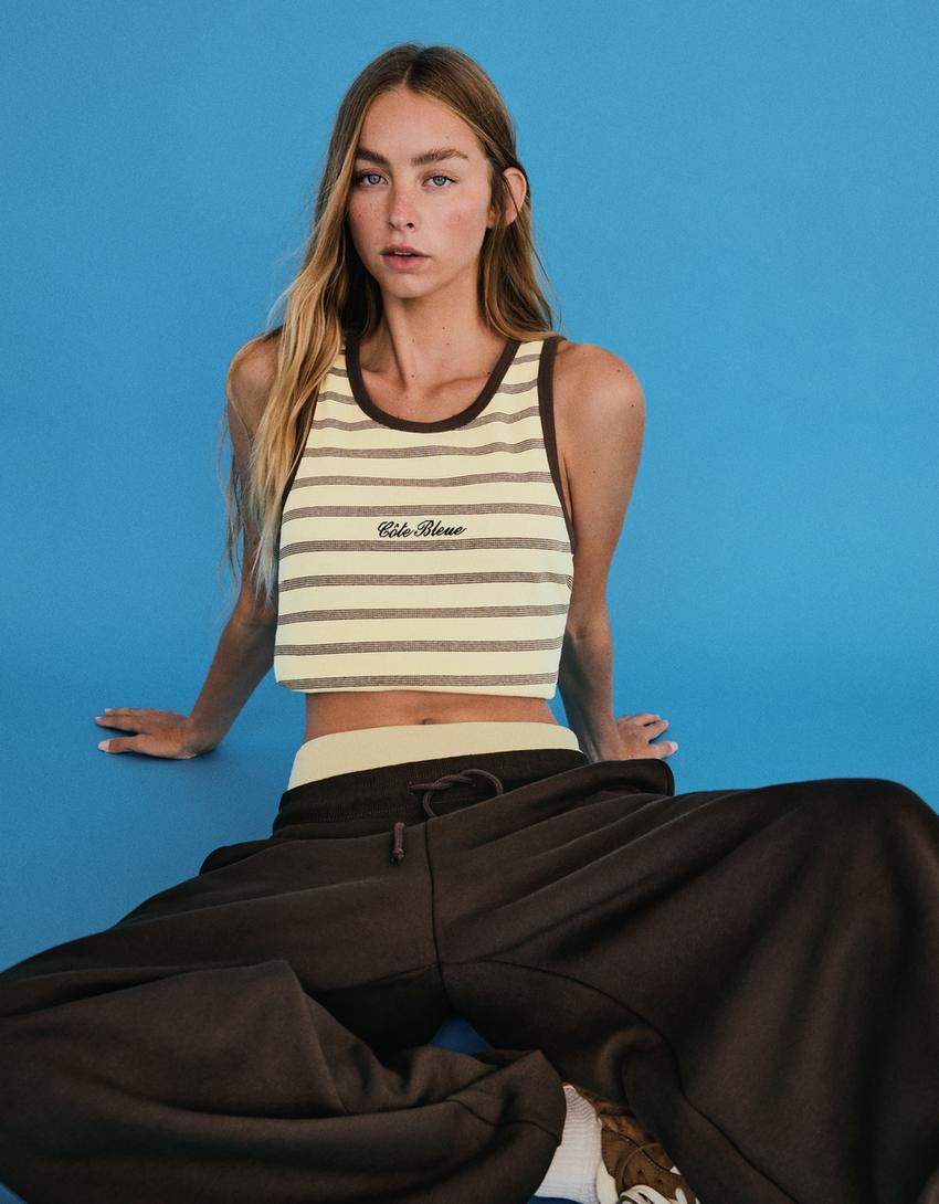 Ribbed striped contrast strappy T-shirt-Yellow