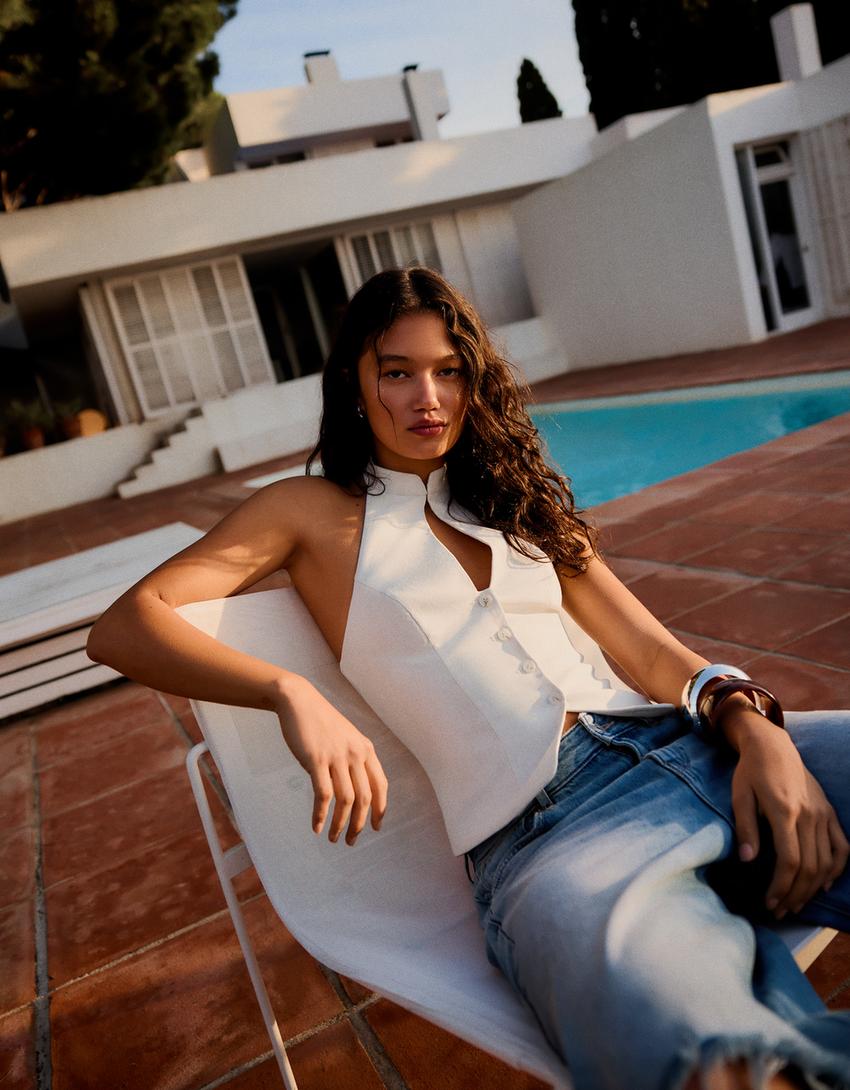 Halter gilet met kraag met bandje-Zand