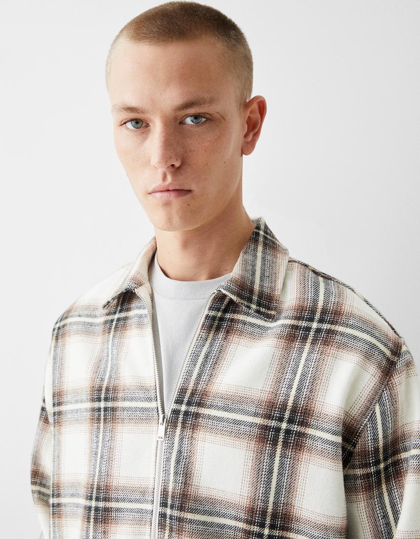 Long sleeve zip-up check overshirt-Burgundy-2
