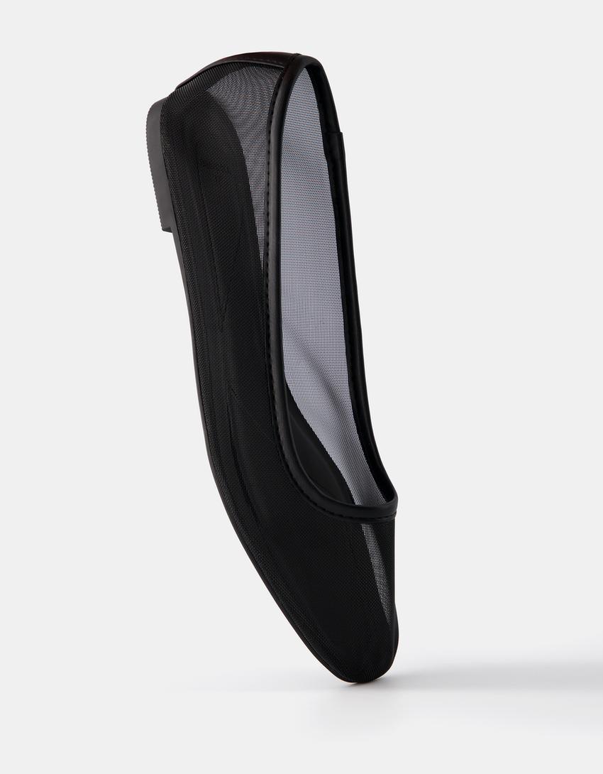 حذاء باليرينا مسطح من نسيج شبكي-أسود-3