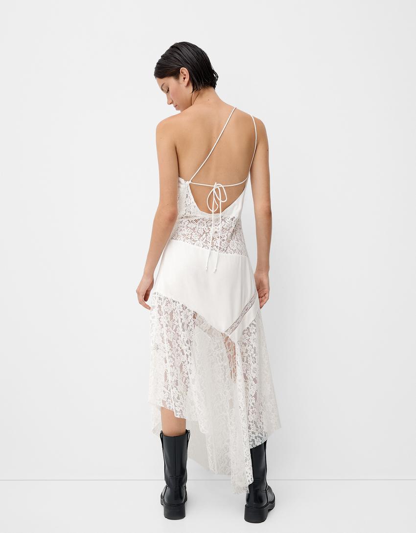 فستان غير متماثل متوسط الطول بدانتيل شريطي-أبيض-2