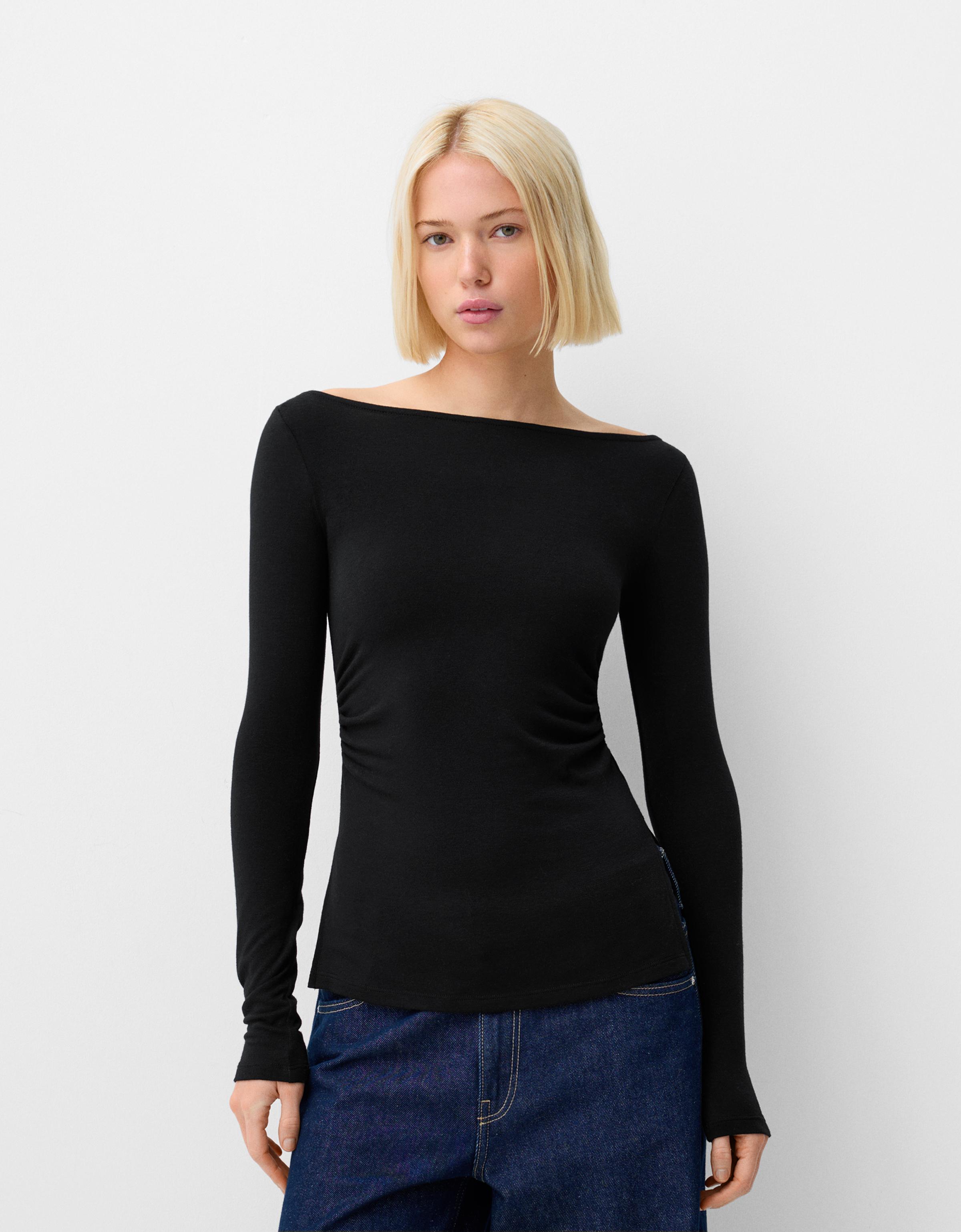 Bershka Langarmshirt Mit Raffung Damen L Schwarz