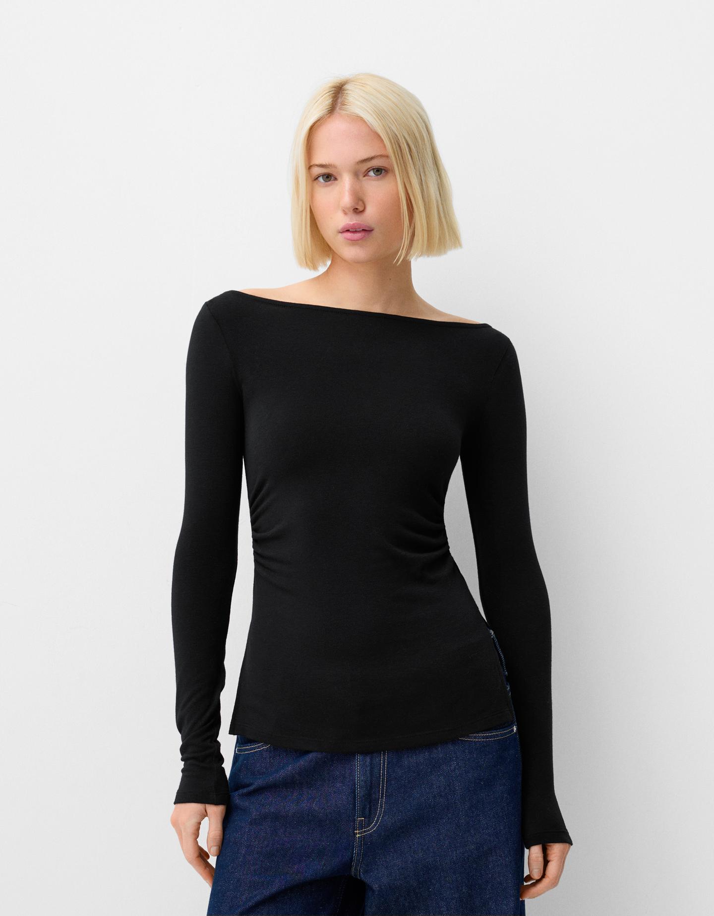 Bershka Maglietta Maniche Lunghe Arricciature Donna M Nero