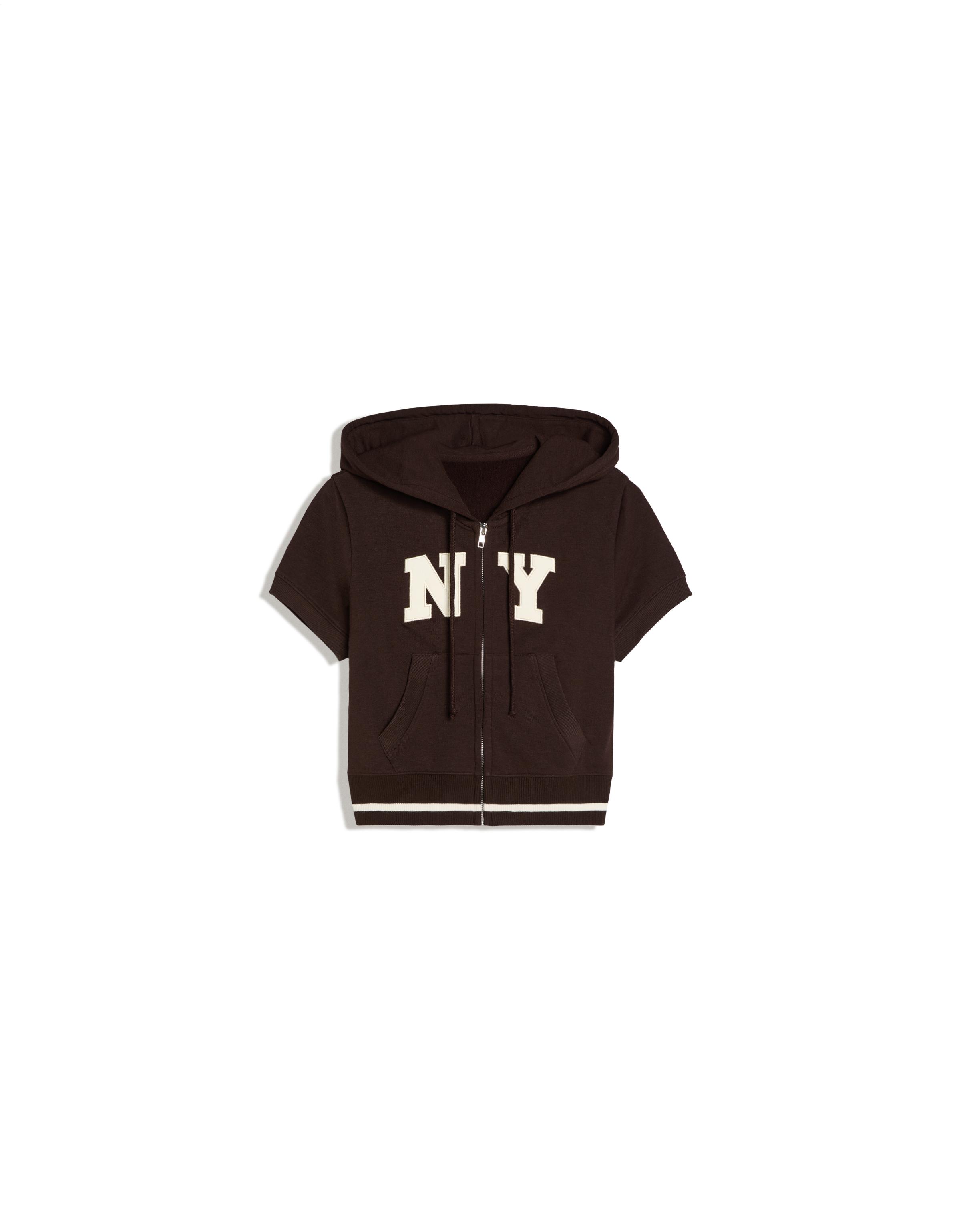 Short-sleeved hooded zip-up sweatshirt — Brown