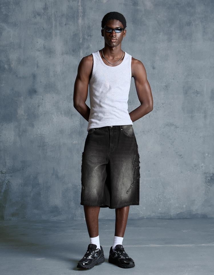 Baggy denim Bermuda shorts with patch — Black