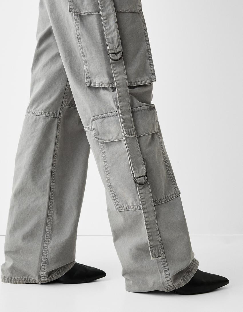 Pantalon cargo coton lanières-Gris-3