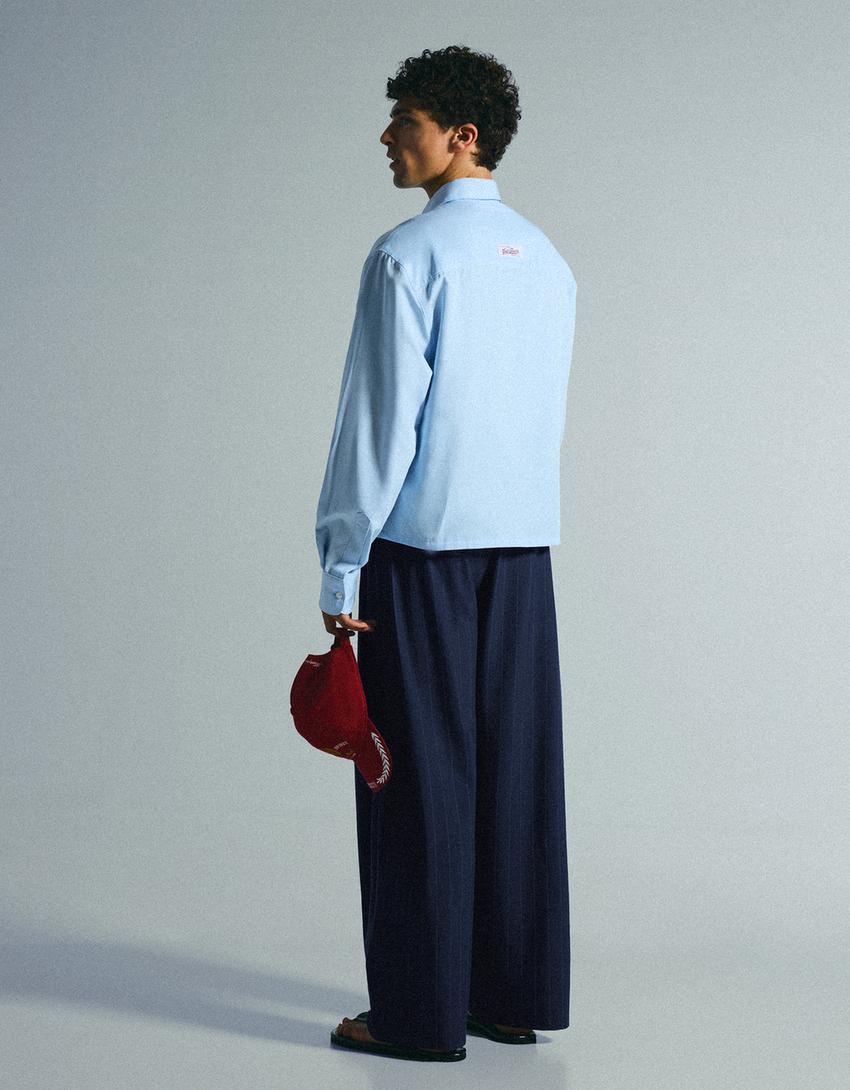 Super baggy fit ince çizgili pensli pantolon-Denizci mavisi