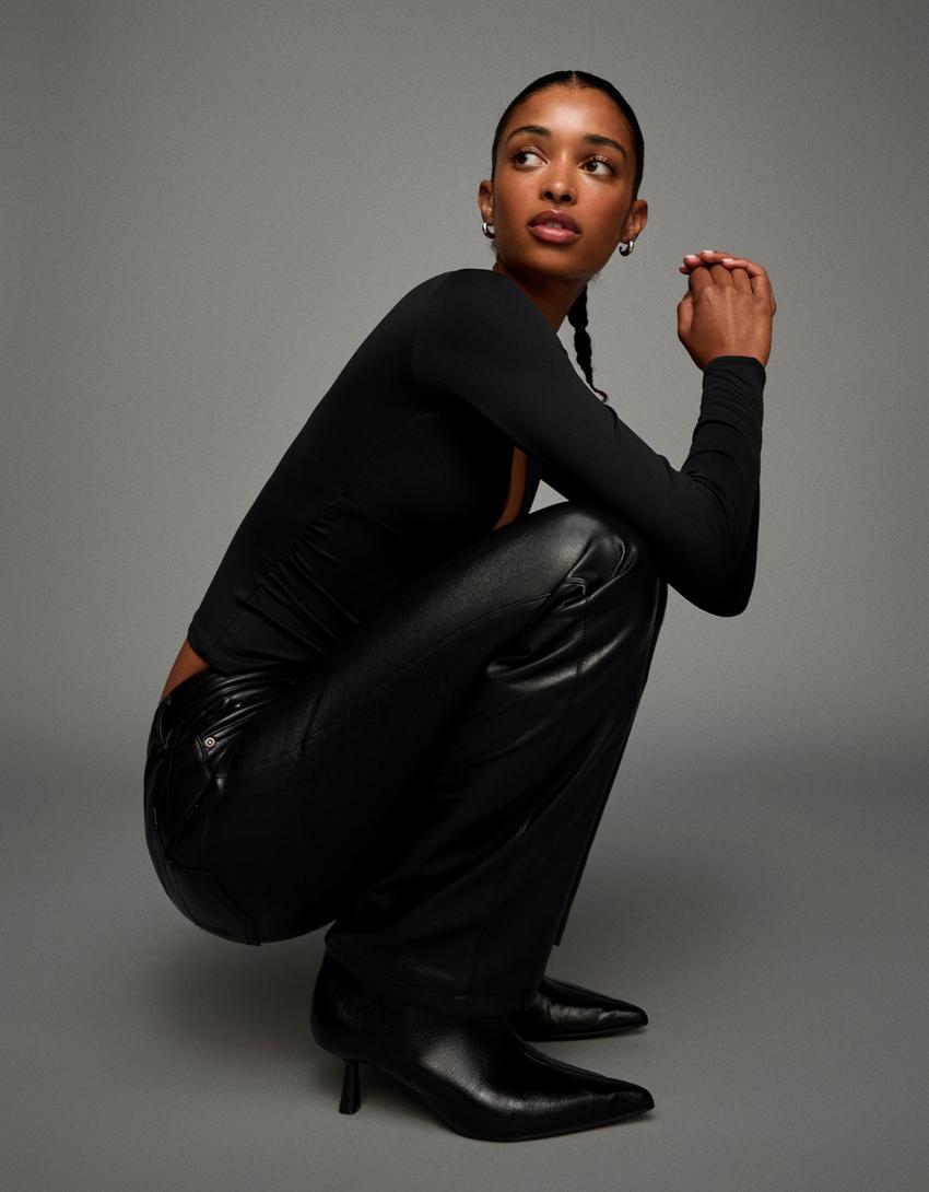 Leather effect boot-cut trousers-Black-1