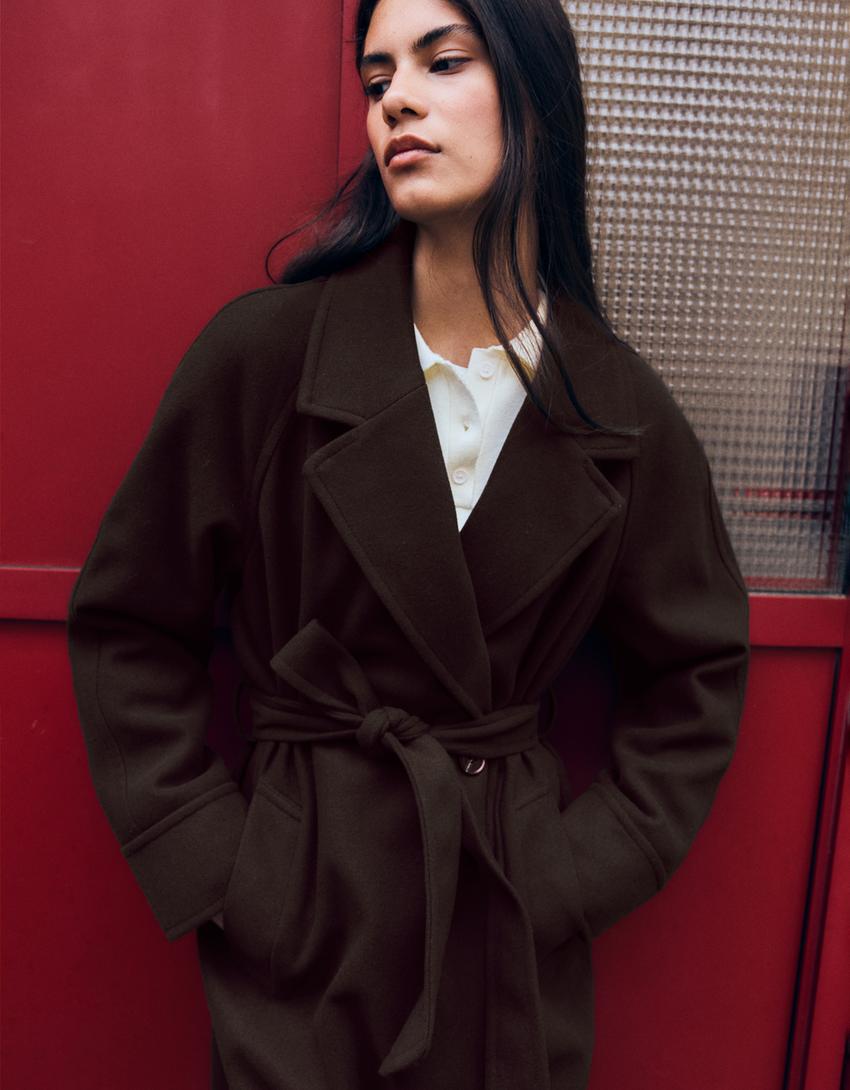 Soft touch long belted coat-Brown