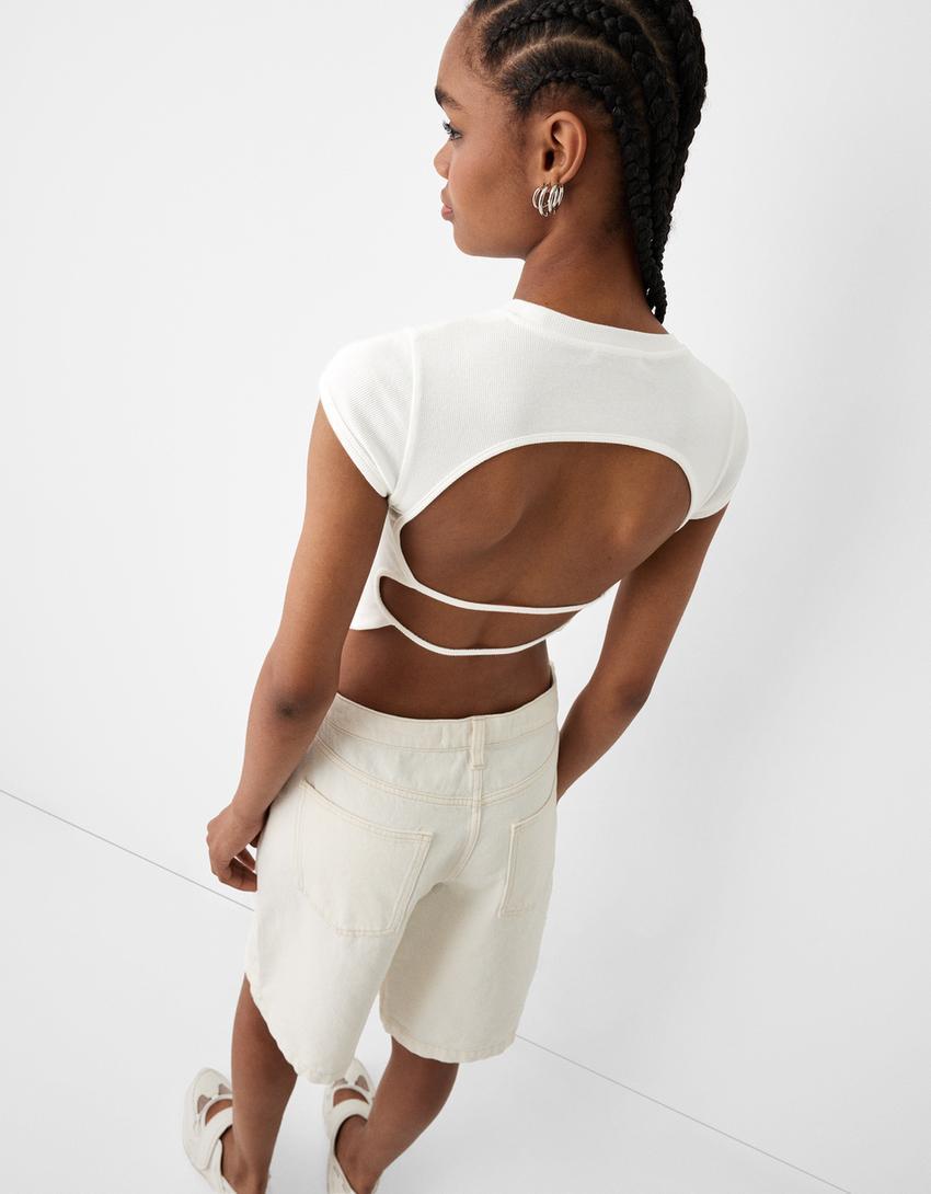 T-shirt manga curta estampado tiras costas-Cru-2