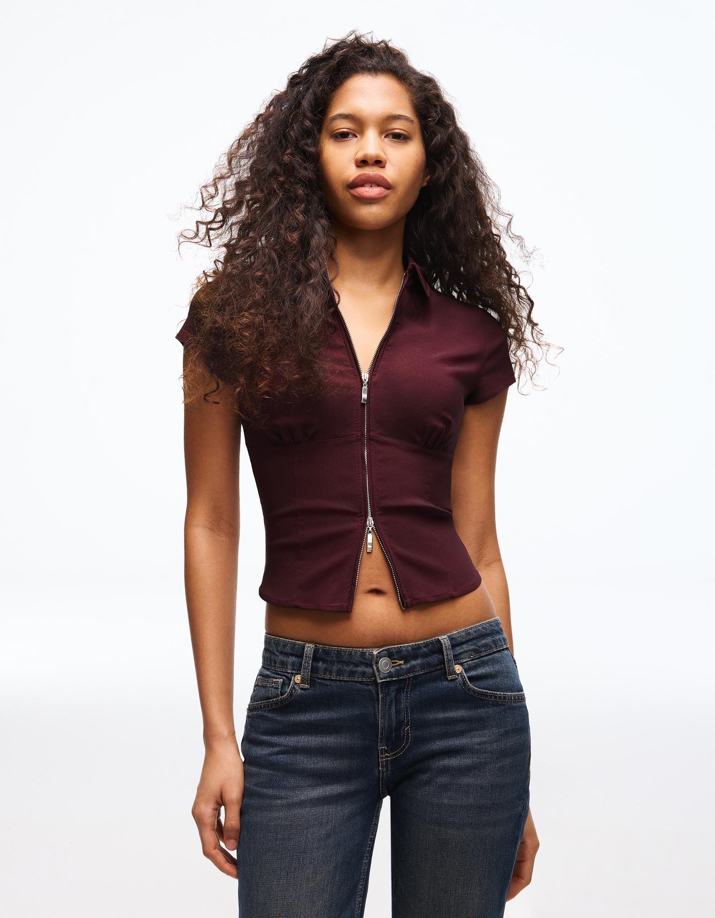 Bershka Camisa Manga Corta Cremallera Mujer Granate