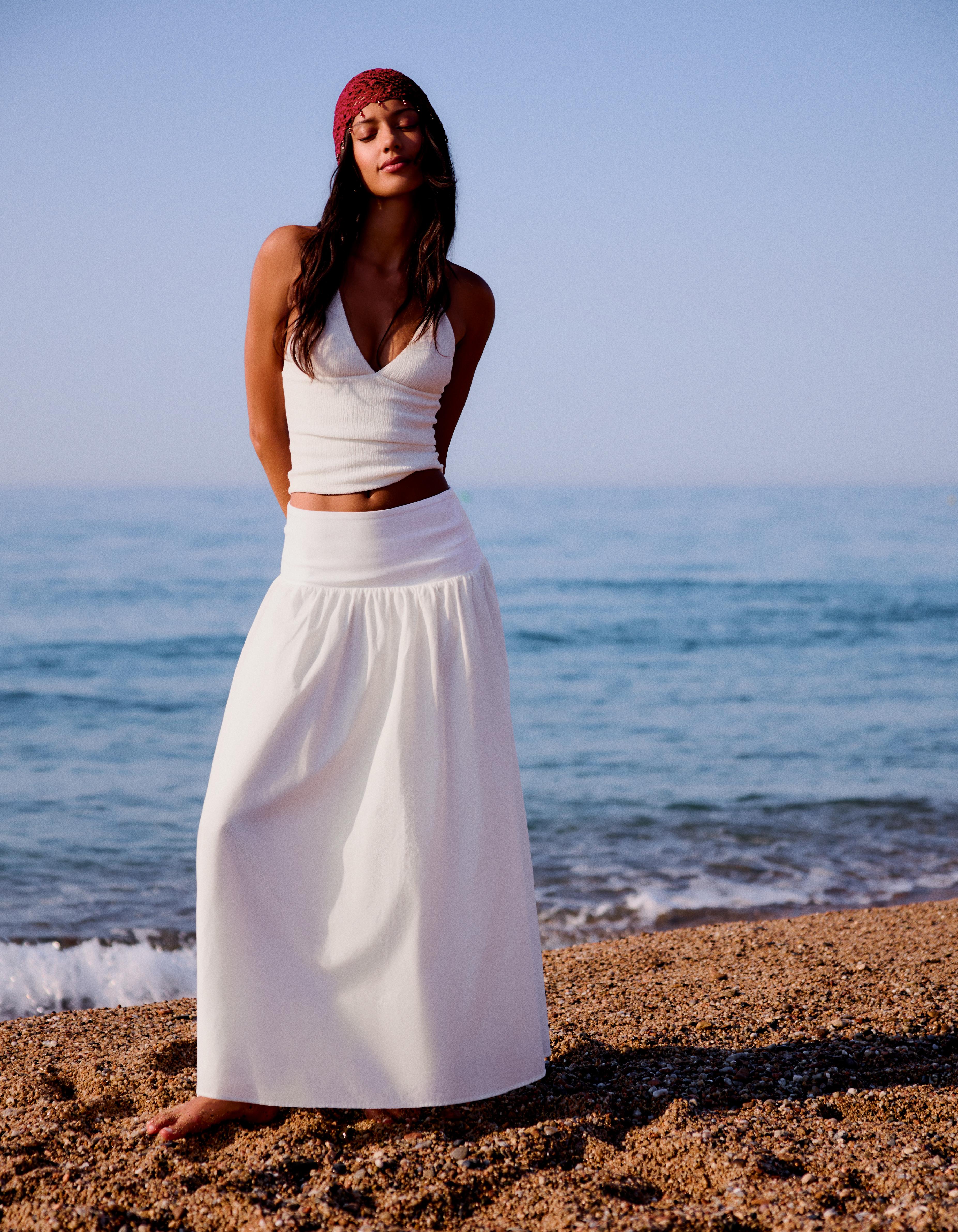 Bershka Falda Midi Fajín Mujer Blanco