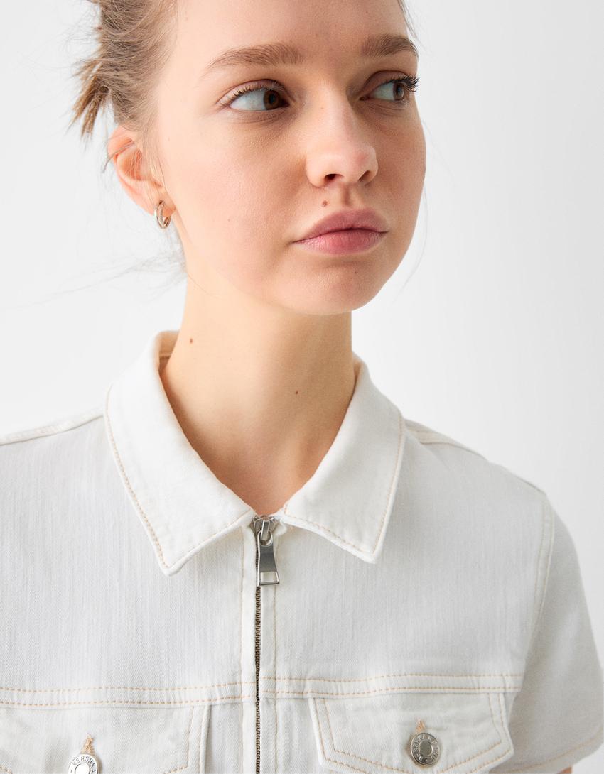 Short sleeve denim jumpsuit-Cream-3