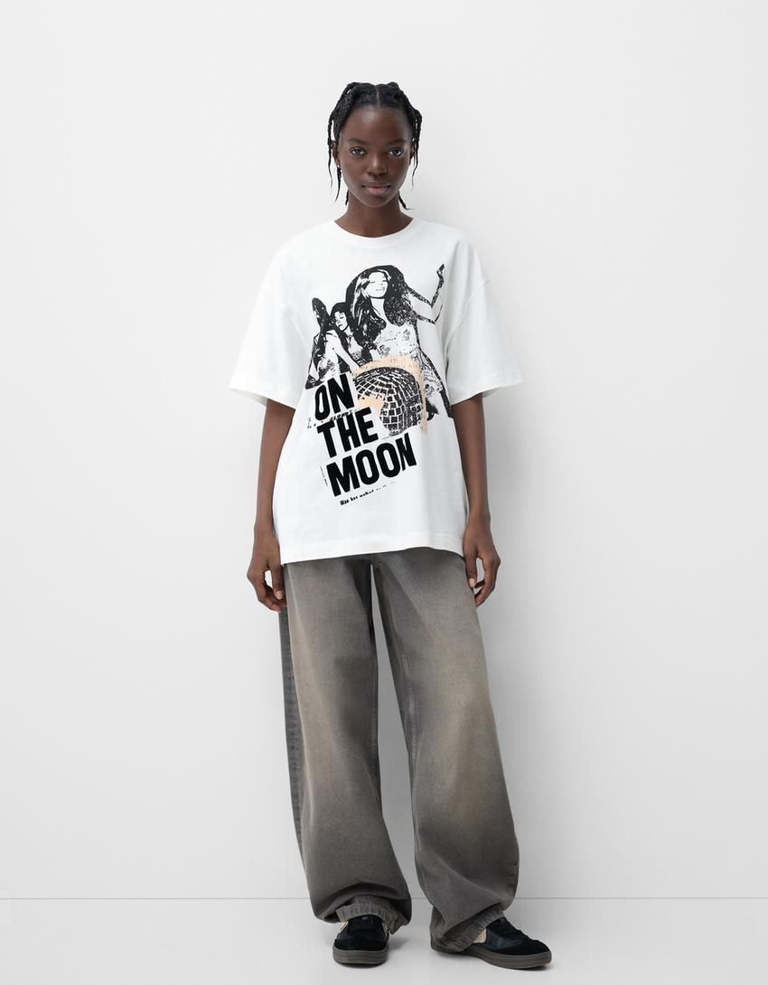T-shirt manches courtes oversize imprimé-Écru-3