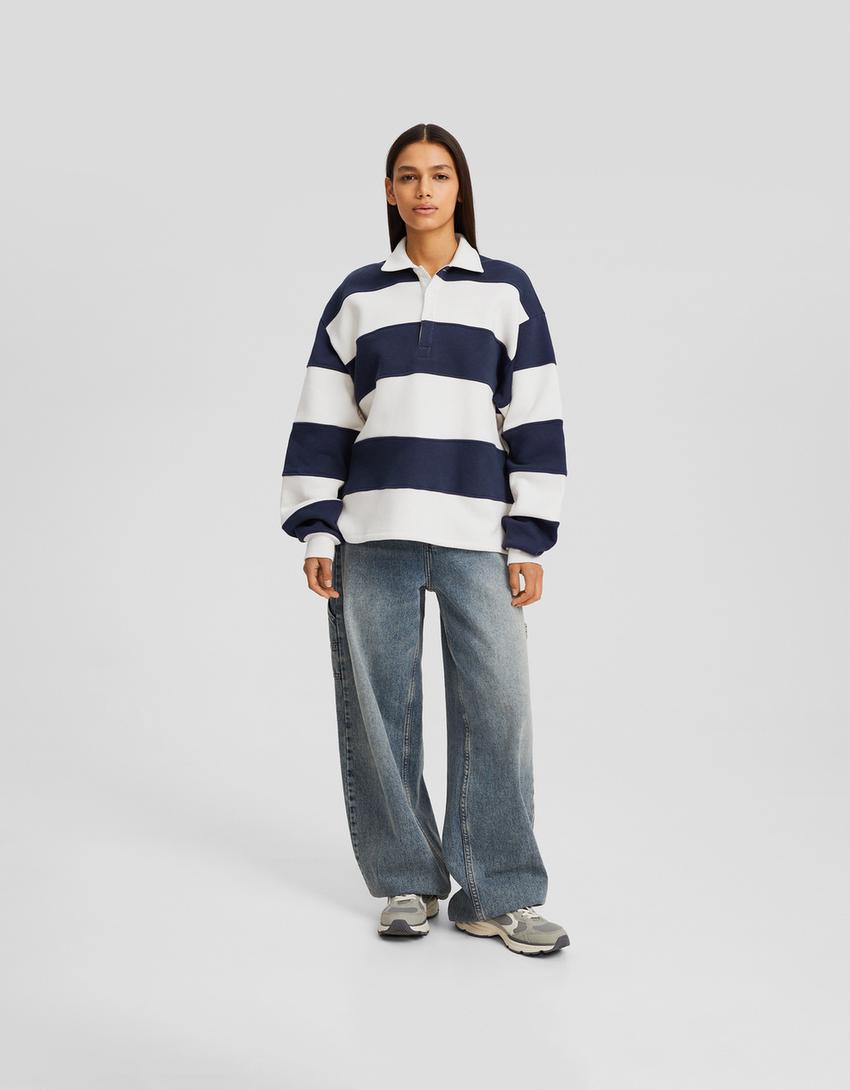 Striped polo collar sweatshirt-Beige