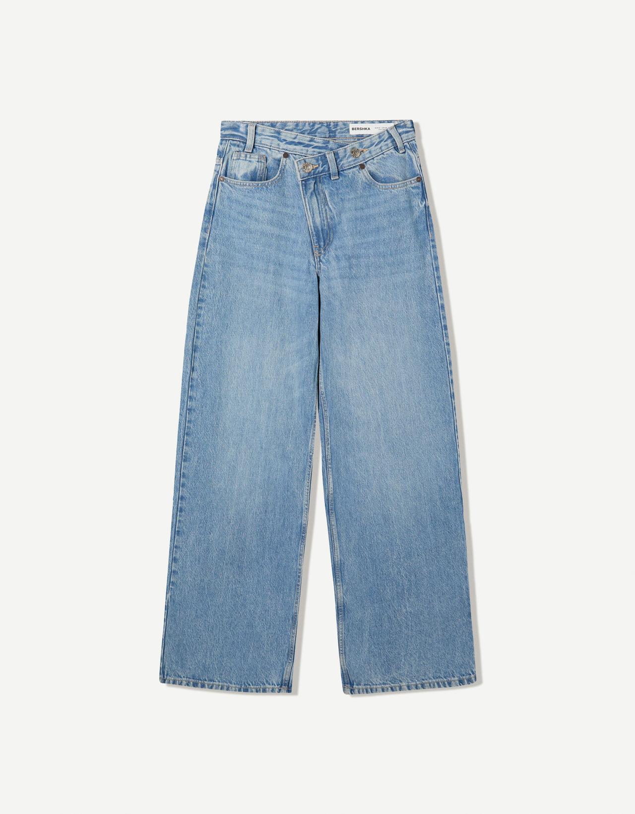 Wide leg jeans with crossover waist — Light blue