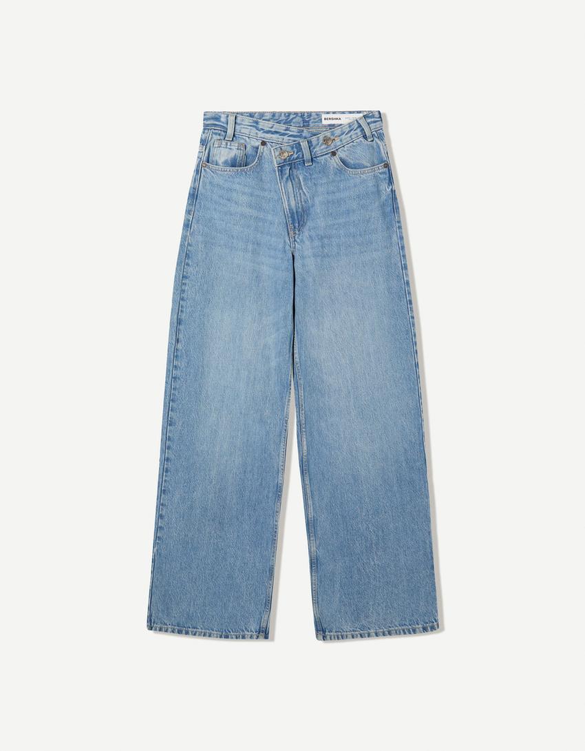Wide-leg jeans with crossover waist-Light blue