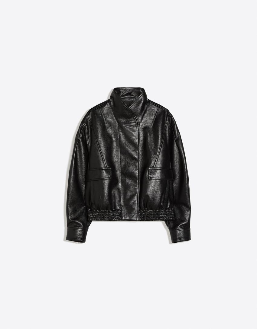 Oversized τζάκετ με όψη δέρματος και σταυρωτό γιακά-Μαύρο