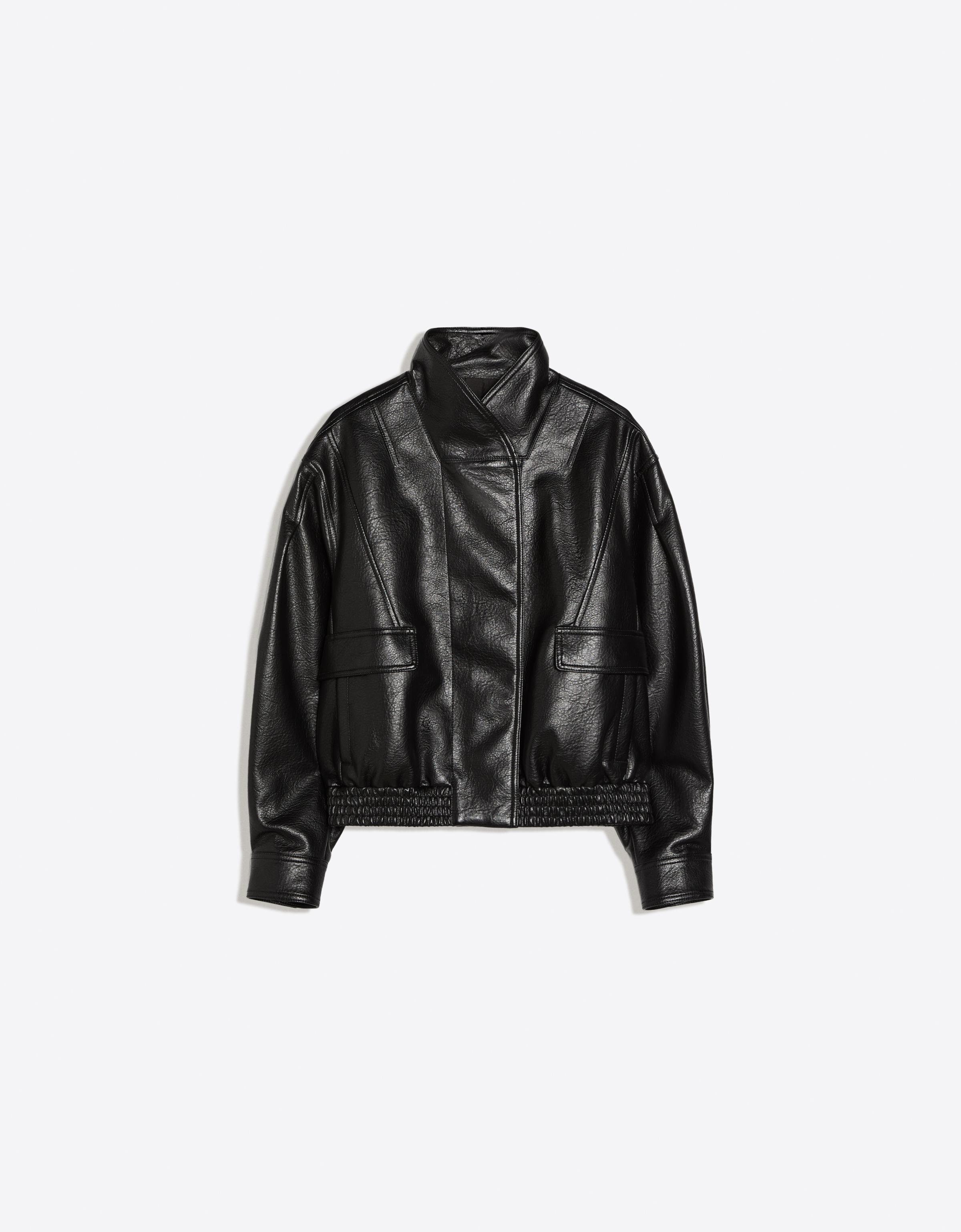 Oversize leather effect jacket with crossover collar — Black