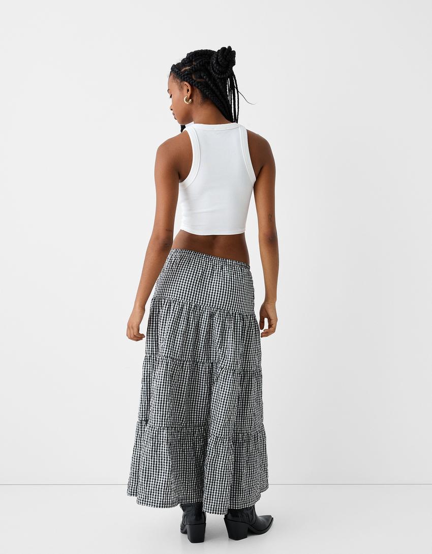 تنورة متوسطة الطول بطبعة مربعات-أبيض / أسود-2