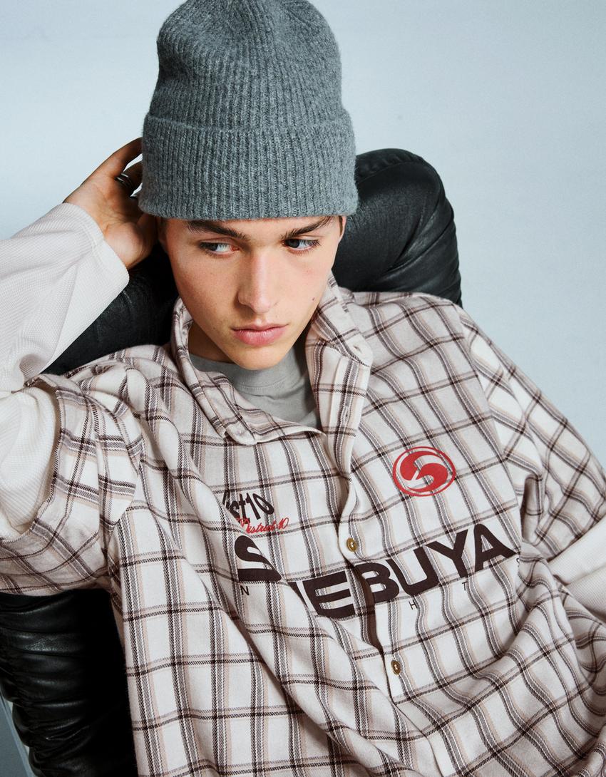 Camisa doble manga boxy cuadros-Gris