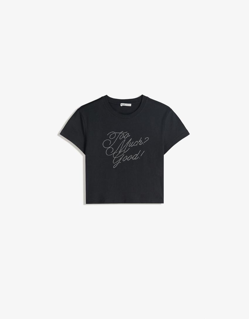 T-shirt à manches courtes imprimé strass-Gris foncé