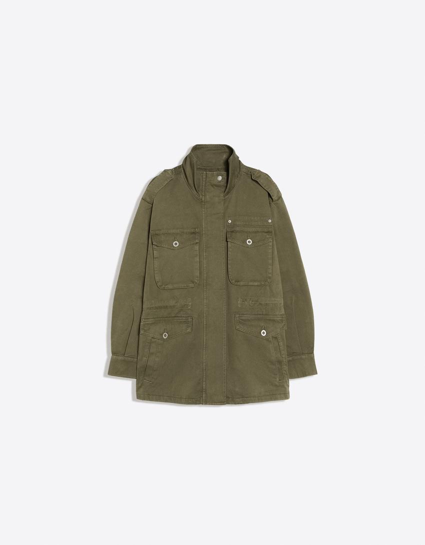 Cazadora parka bolsillos cuello funnel-Kaki