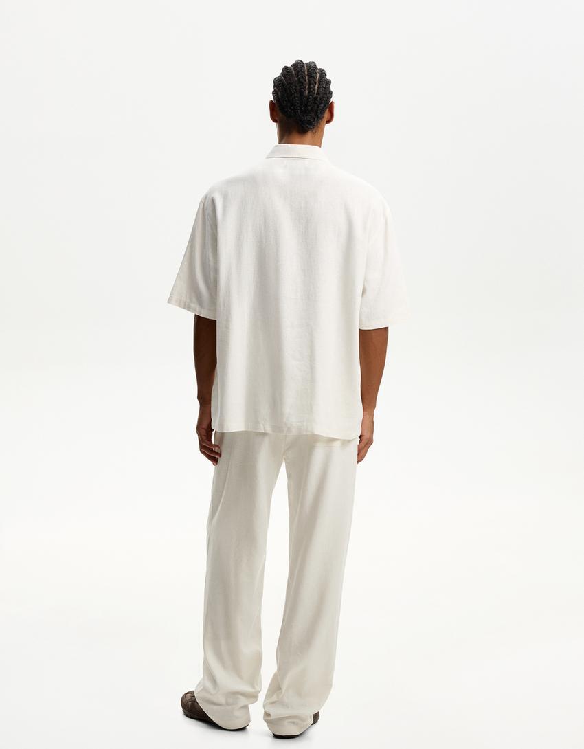 بنطلون رياضي بمزيج كتاني وساق عريضة-أبيض