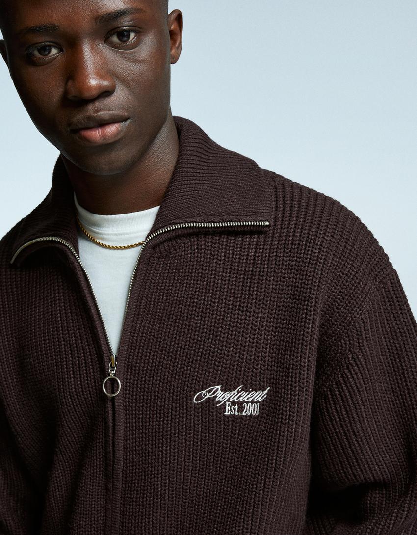 Veste zippée brodée-Marron