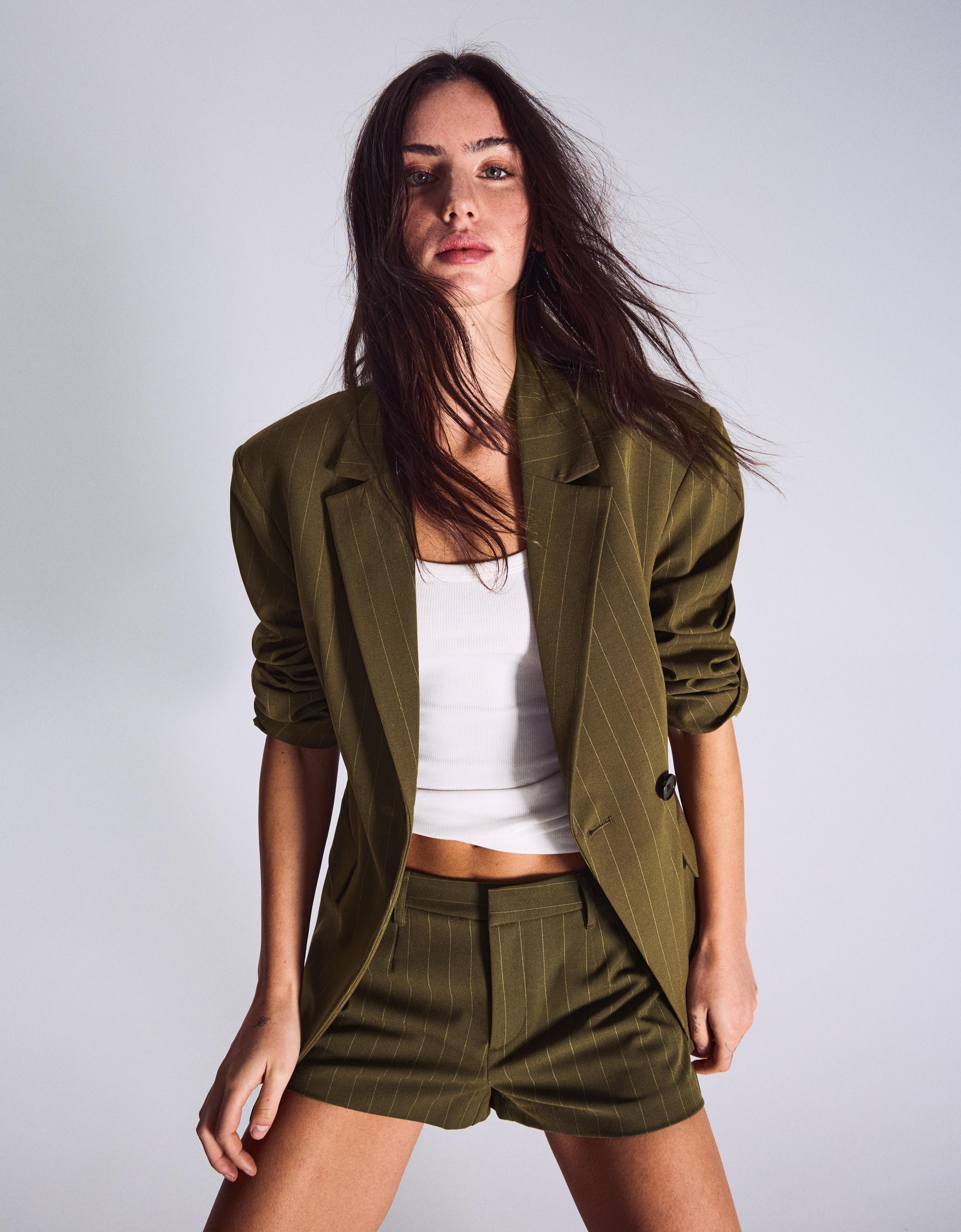 Striped double-breasted blazer — Khaki