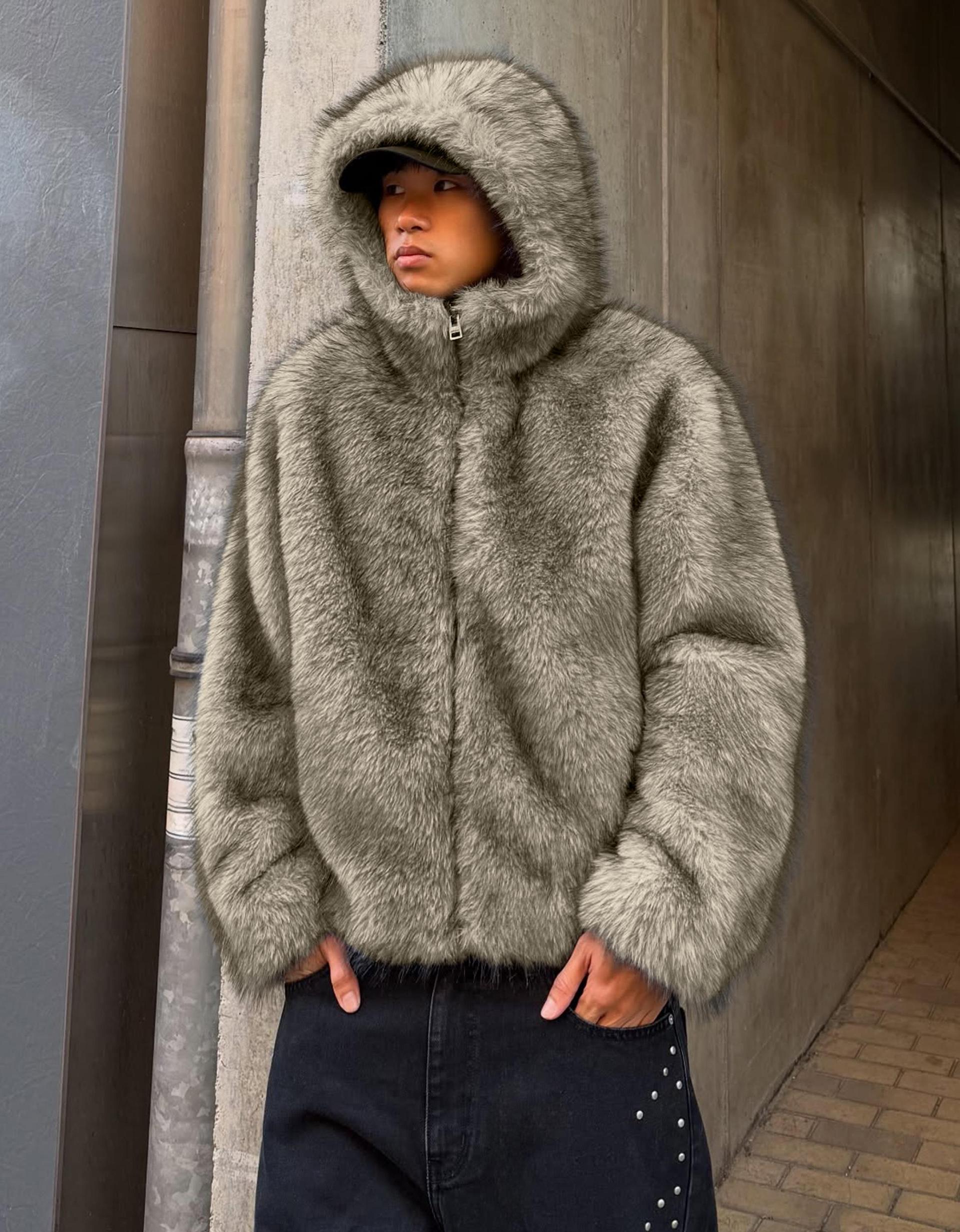 Bershka Faux Fur Hoodie Grey Hooded Faux Fur Jacket Jackets And