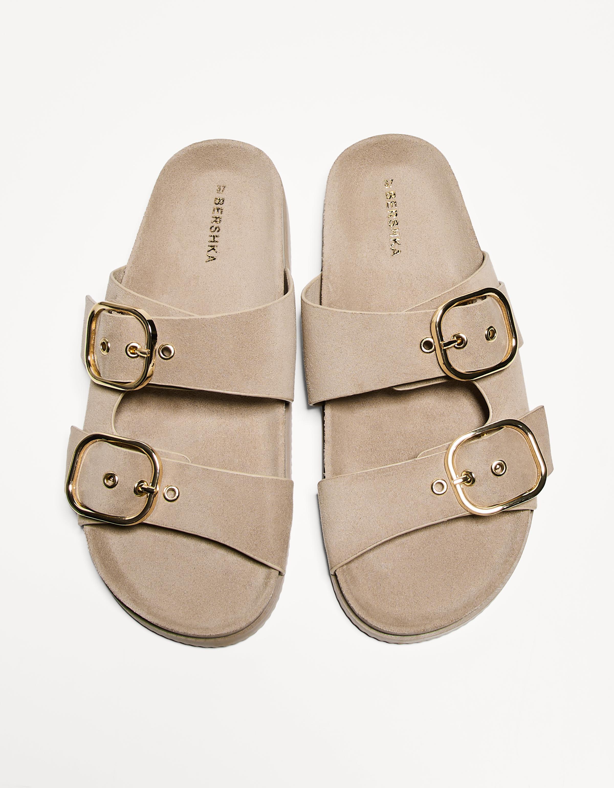 Buckled flat slider sandals — SAND