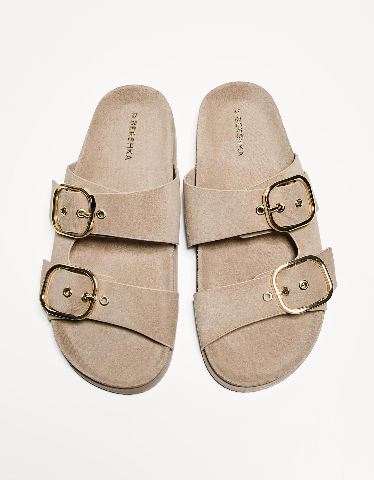 Buckled flat slider sandals — SAND