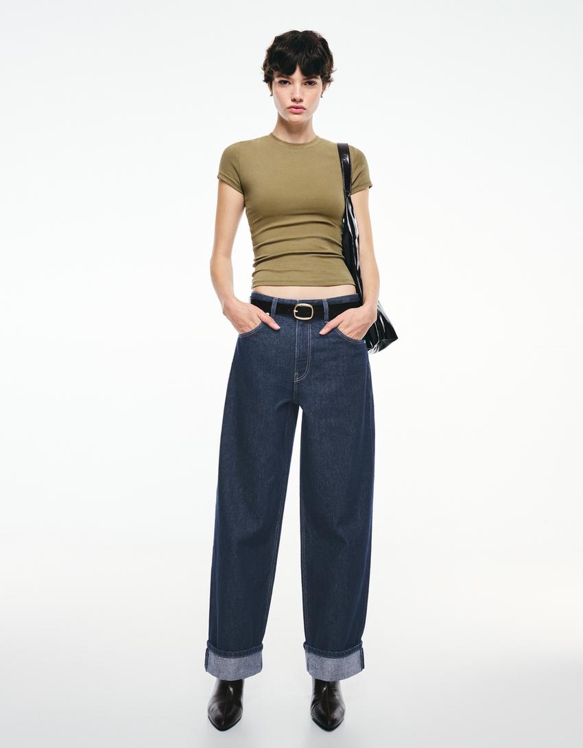 Jeans baggy fit à revers-Marine-0