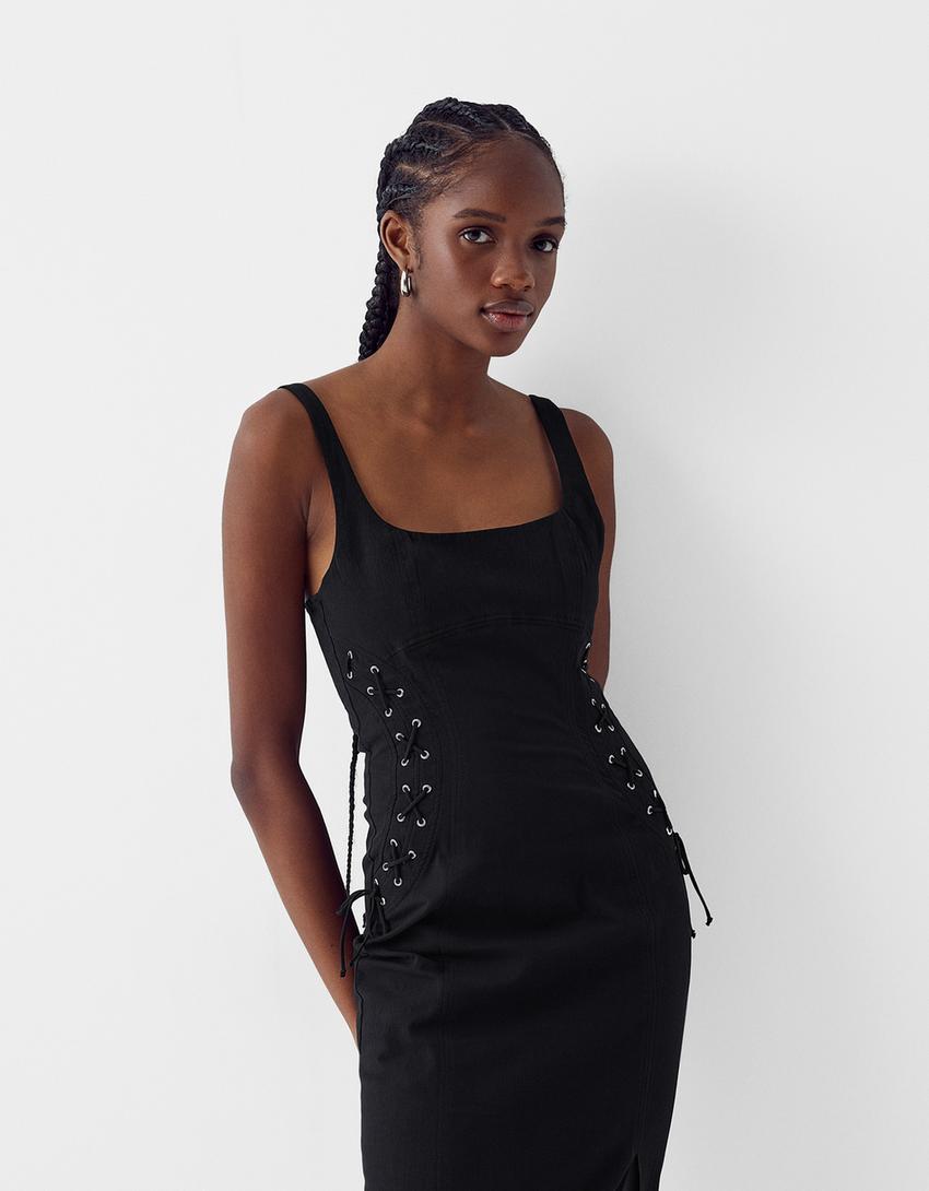 Vestido midi laçada lateral-Preto-1
