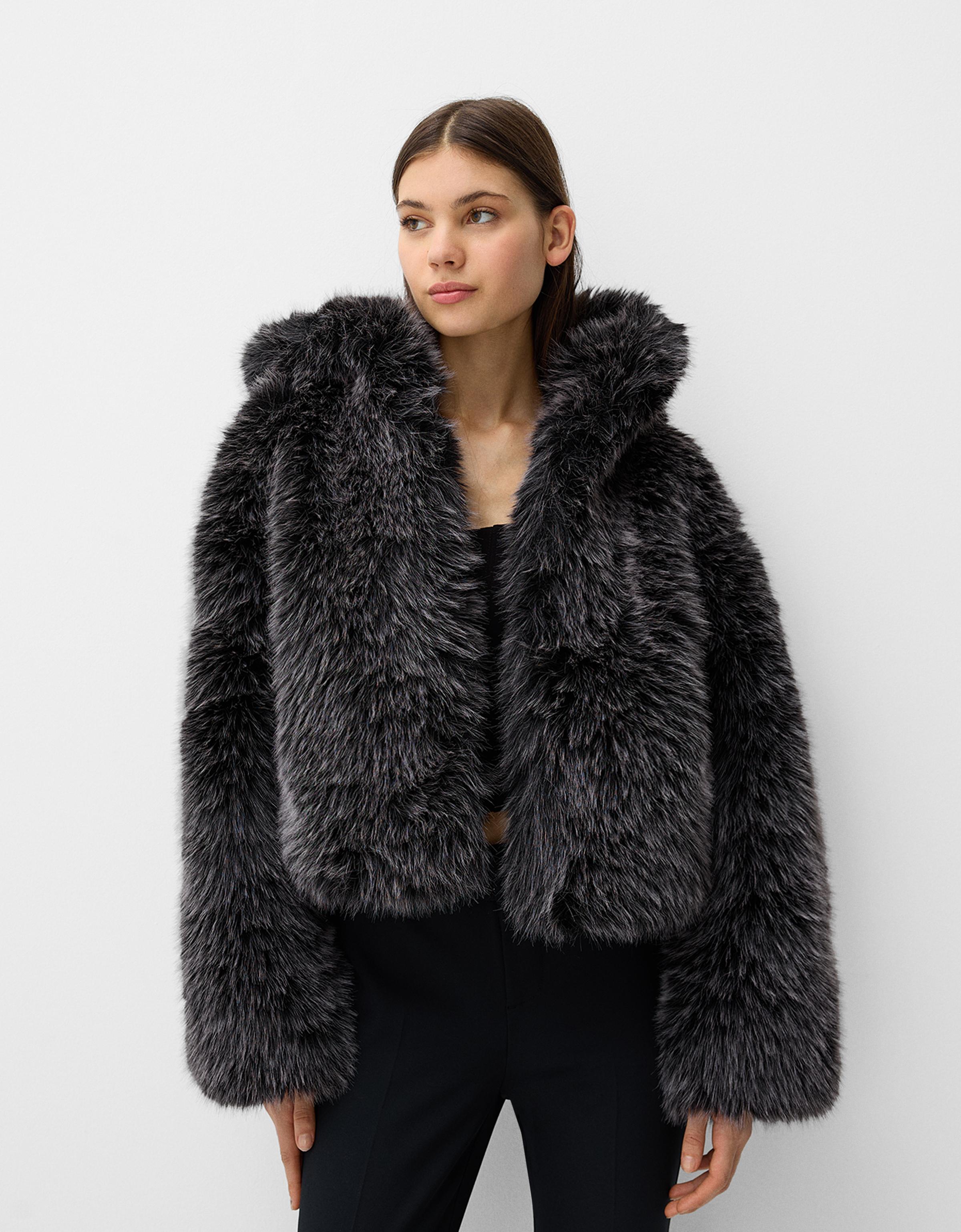 Hooded faux fur jacket Faux fur Women Bershka