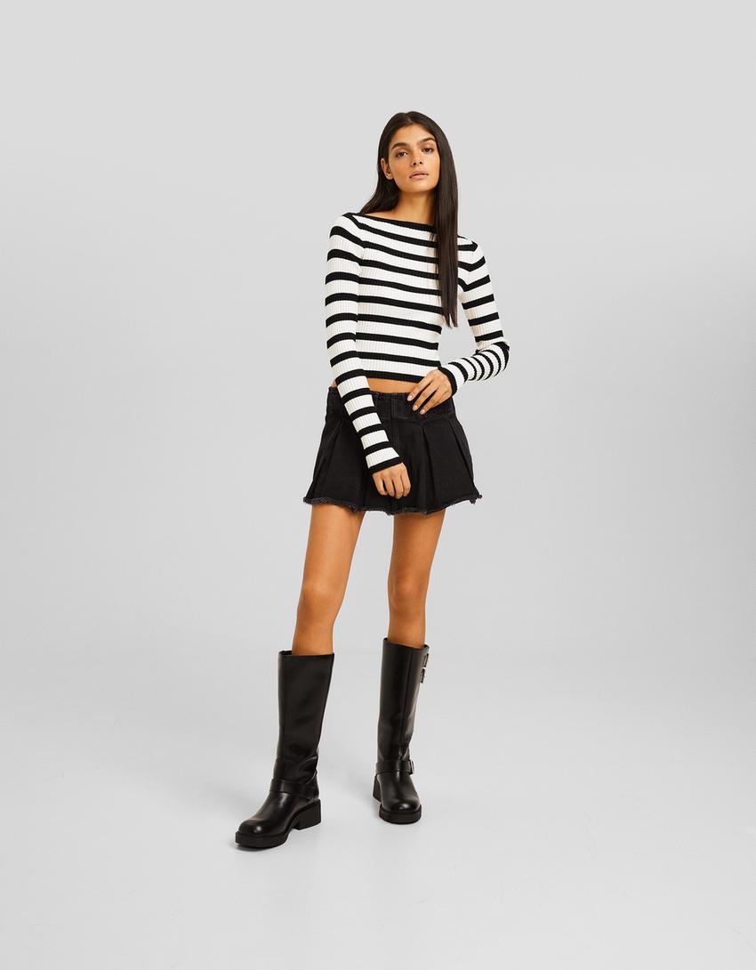Ribbed boat neck sweater-Black-3