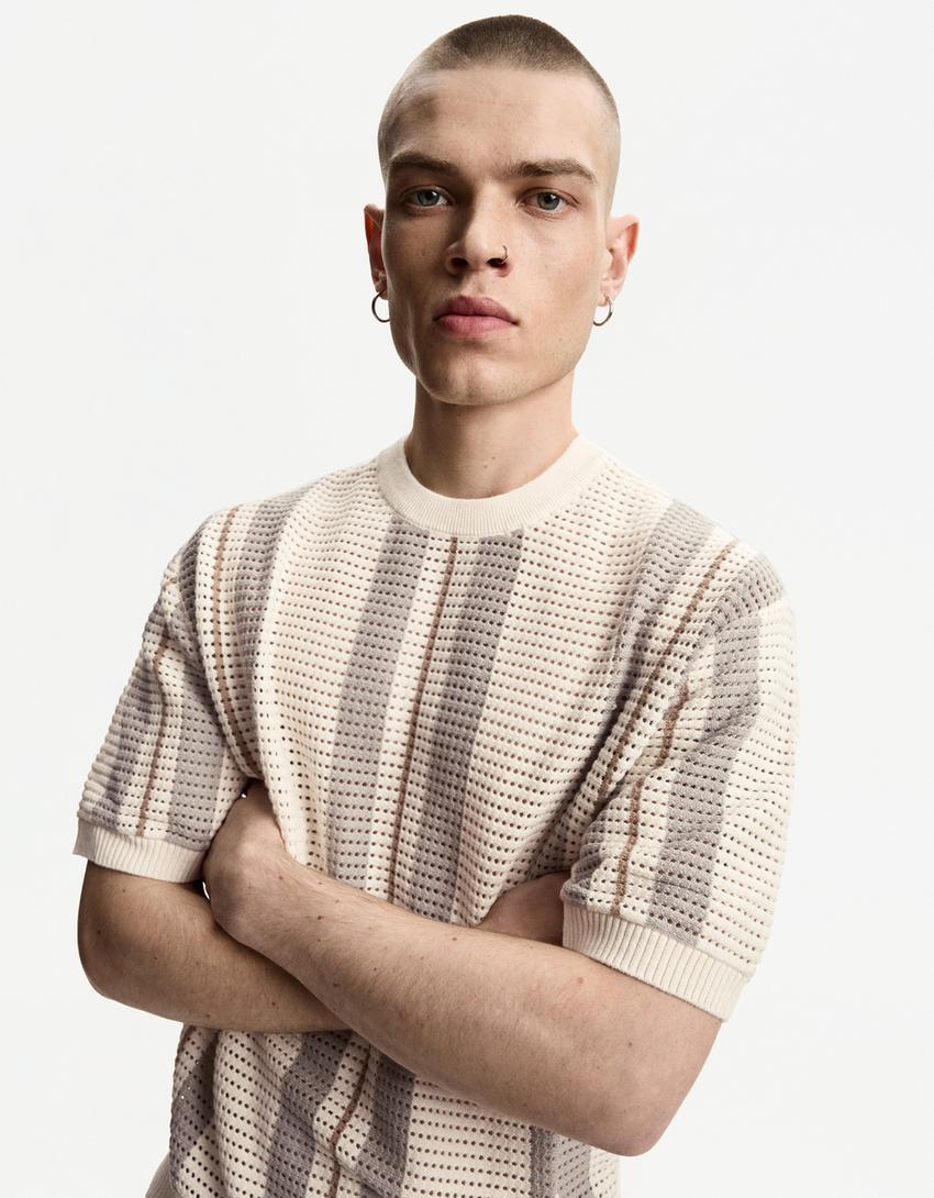 Textured striped short sleeve T-shirt-Sand
