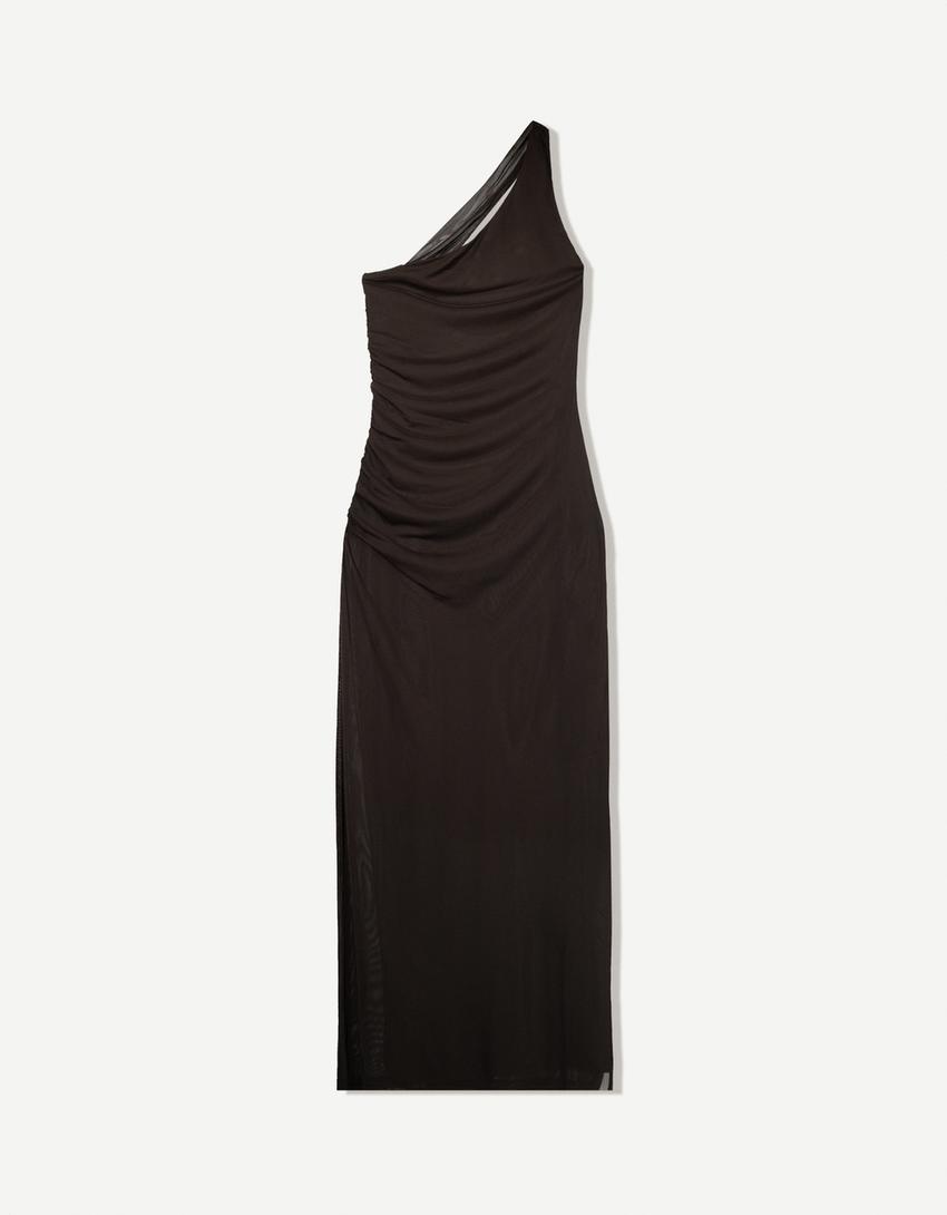 Robe midi en tulle asymétrique-Marron-3