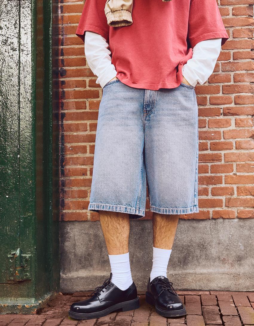 Baggy denim Bermuda shorts-Light blue