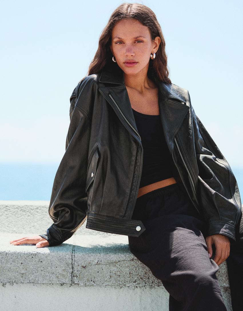 Bikerjacke aus Leder-Schwarz