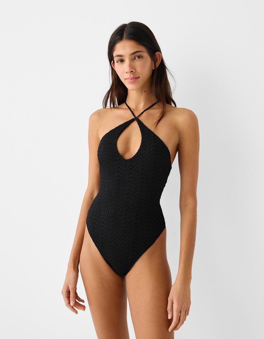 Textured V-neck bodysuit-Black-2
