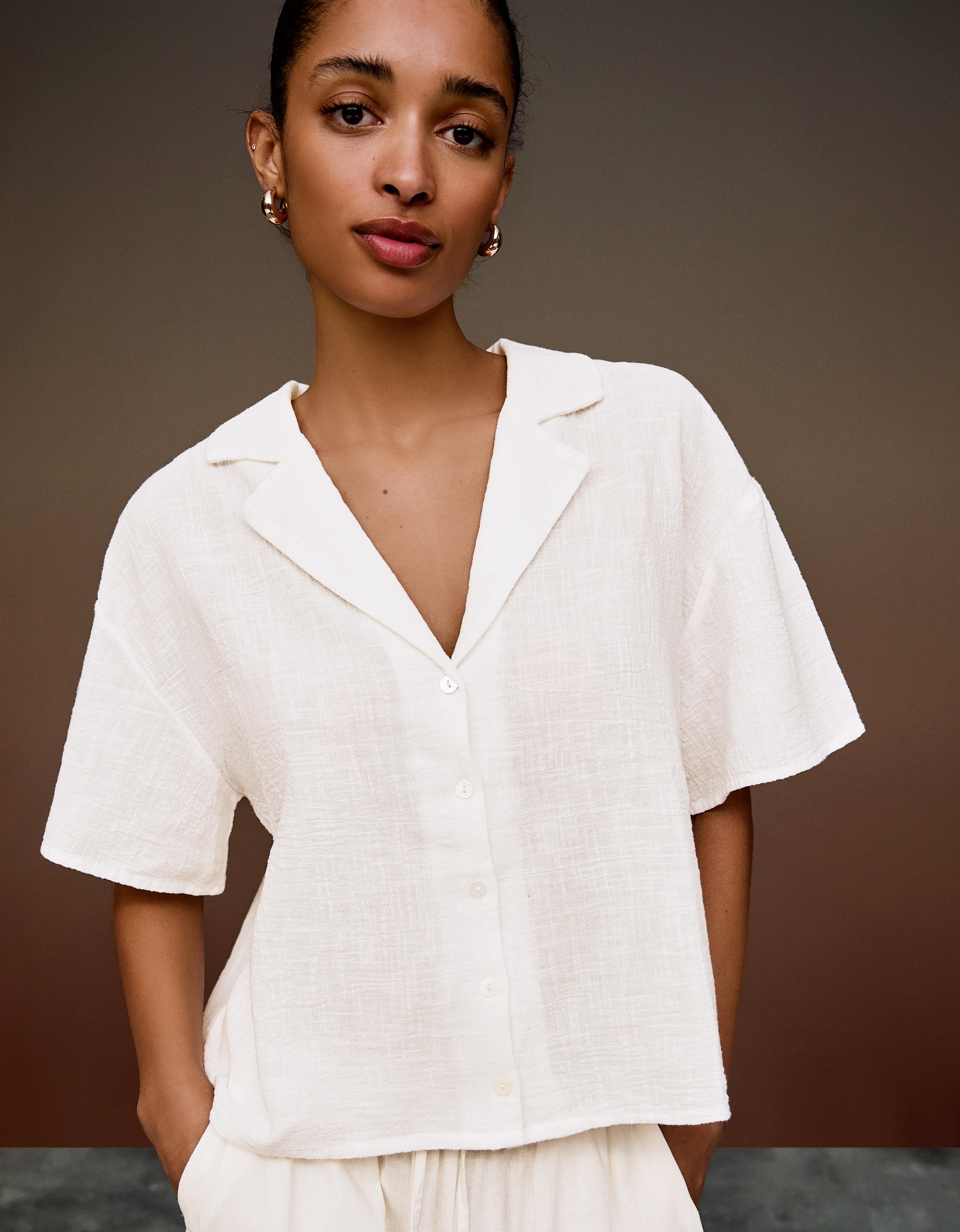 Bershka Camicia A Maniche Corte Rustica Donna L Bianco