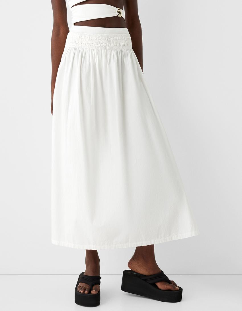 تنورة بوبلين متوسطة الطول بخصر مرن-كريمي-1