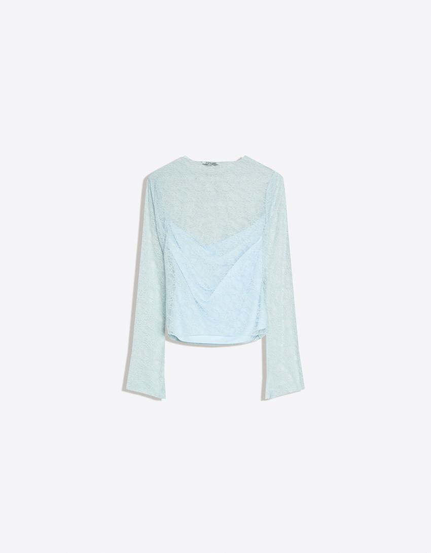 Langarmshirt mit Spitze-Blau