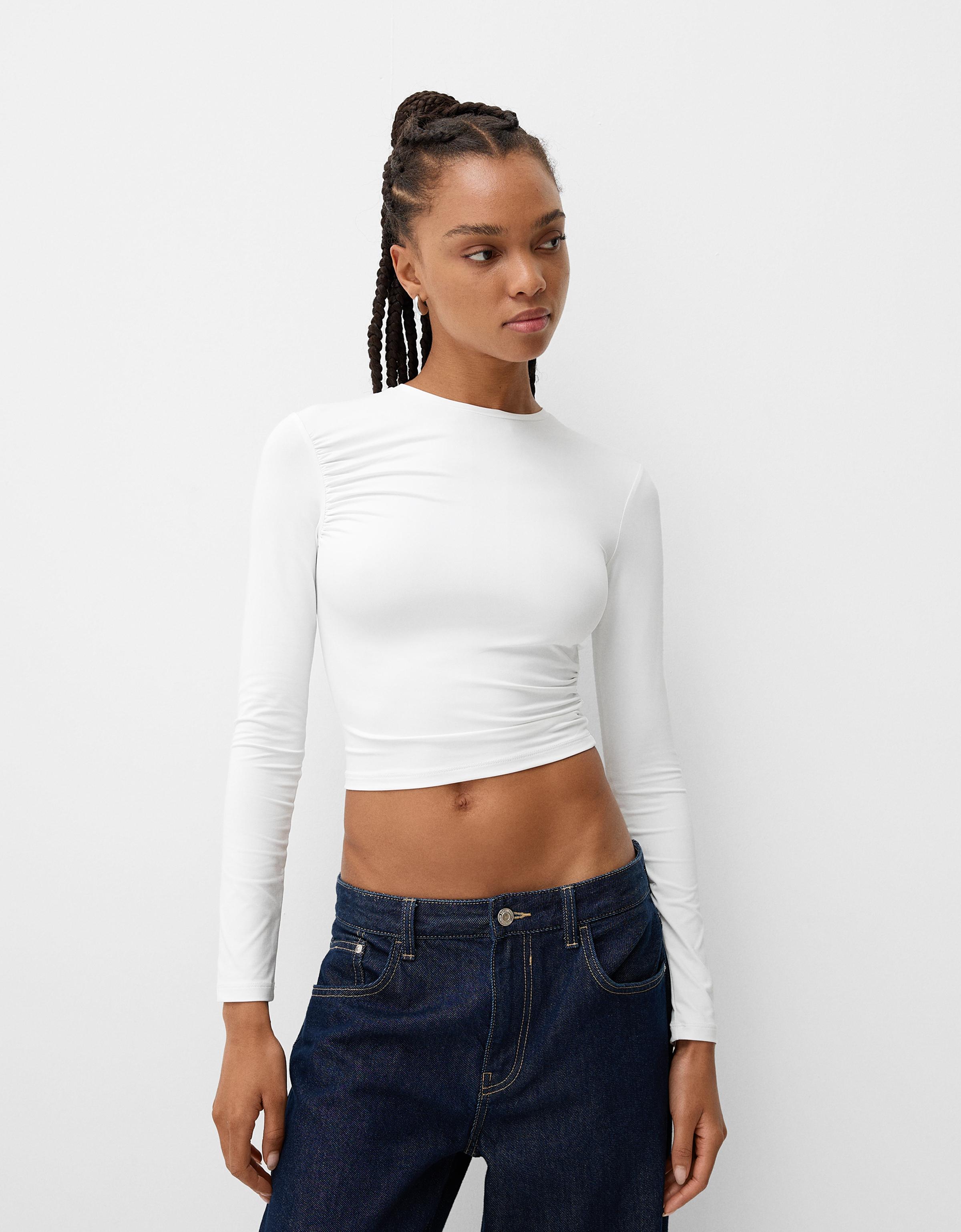 Bershka Langarmshirt Aus Polyamid Mit Langen Ärmeln Und Raffungen Damen M Rohweiß