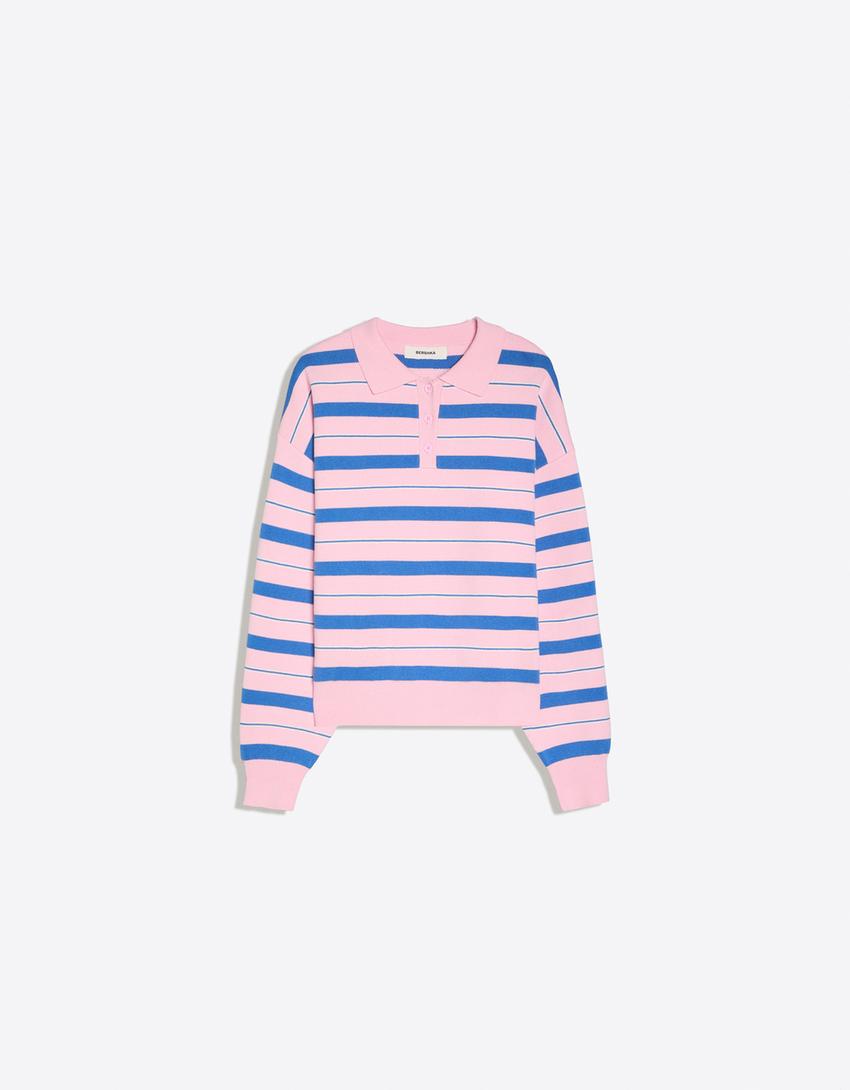 Sweter oversize z kołnierzykiem typu polo-Różowy