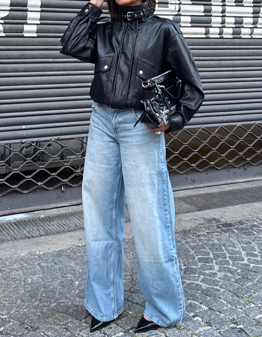 Wide-leg low-waist jeans-Light blue
